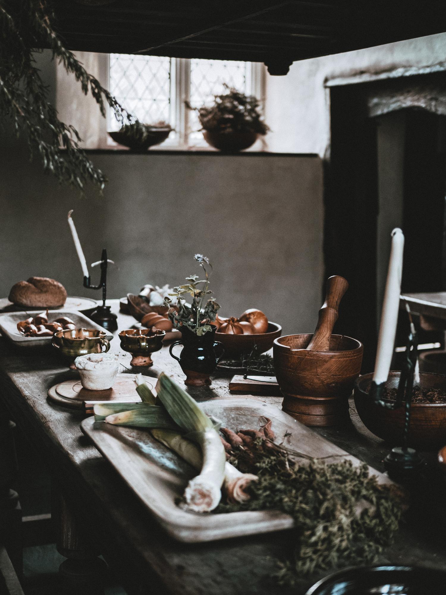 Small cooking studio interior with herbs and tools