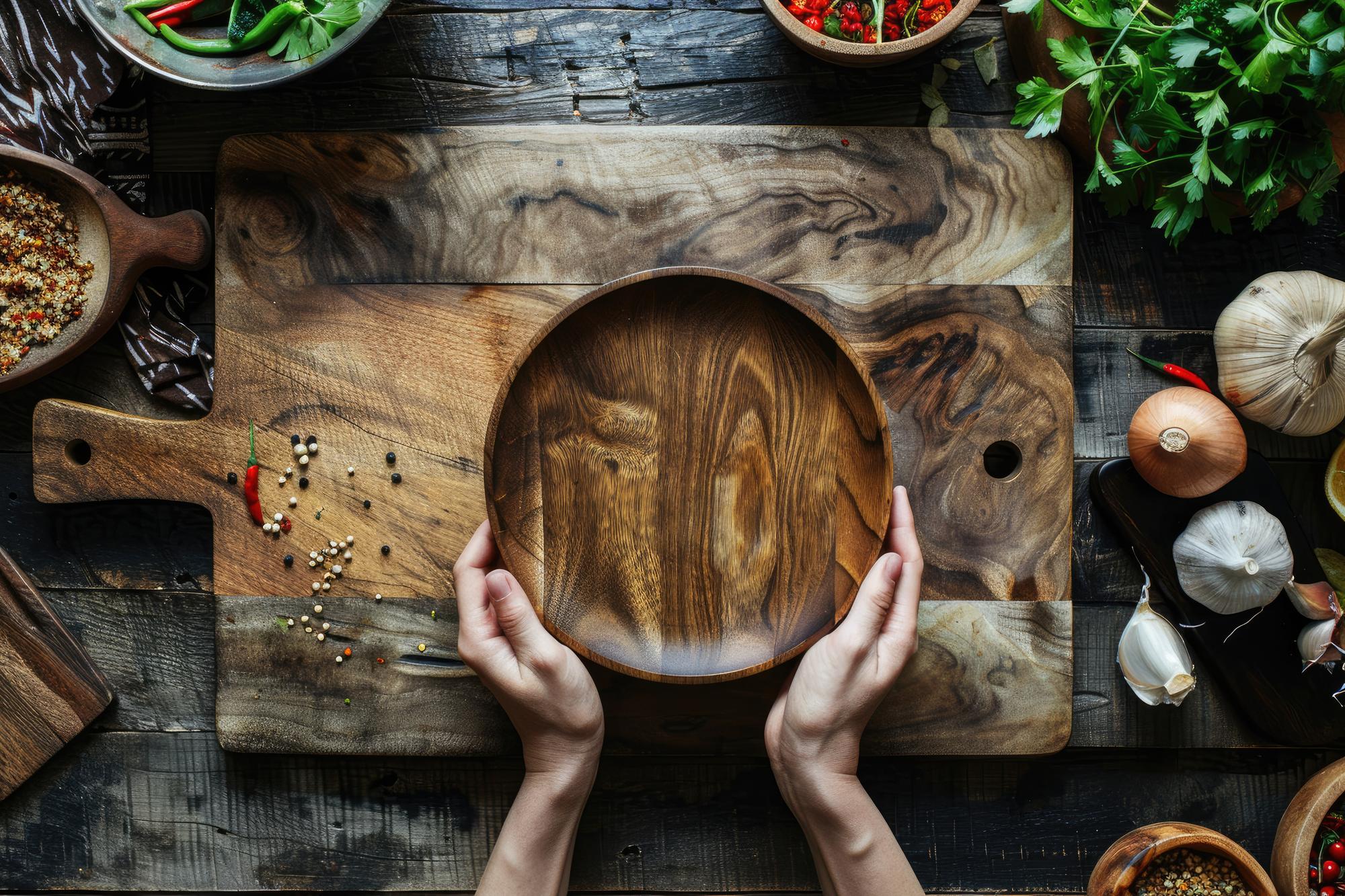 Chef demonstrating a plated dish on a wooden table