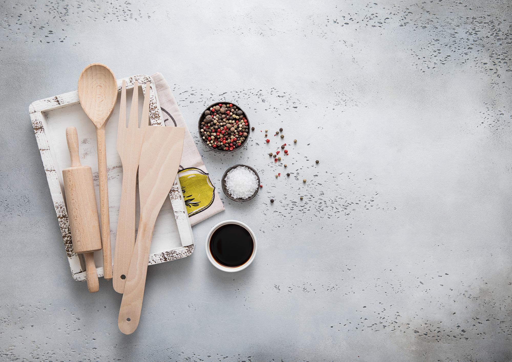 Kitchen tools and measured ingredients laid out